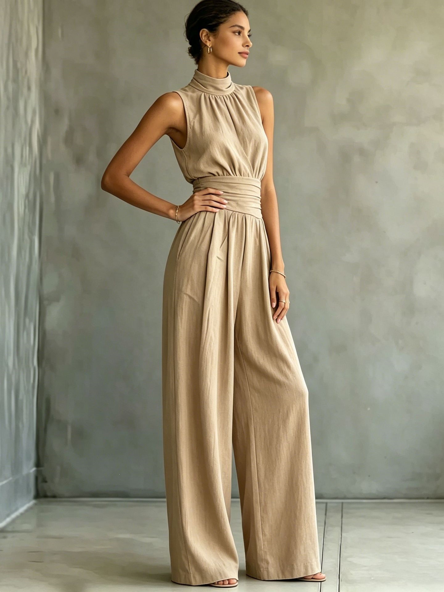 Women's Sleeveless Mock Neck Wide Leg Jumpsuit Solid Casual Long Pants