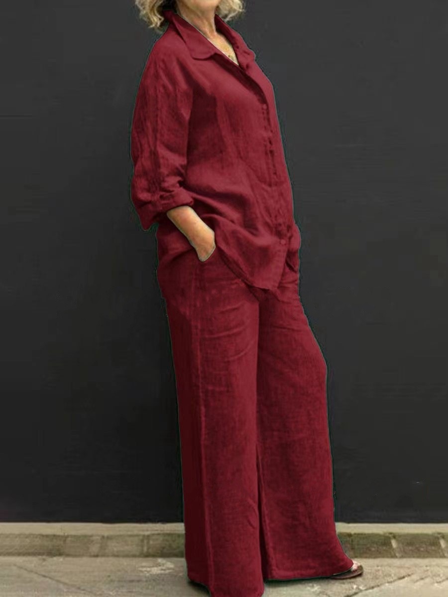 Women's Button-Down Collared Solid Color Shirt Casual Set