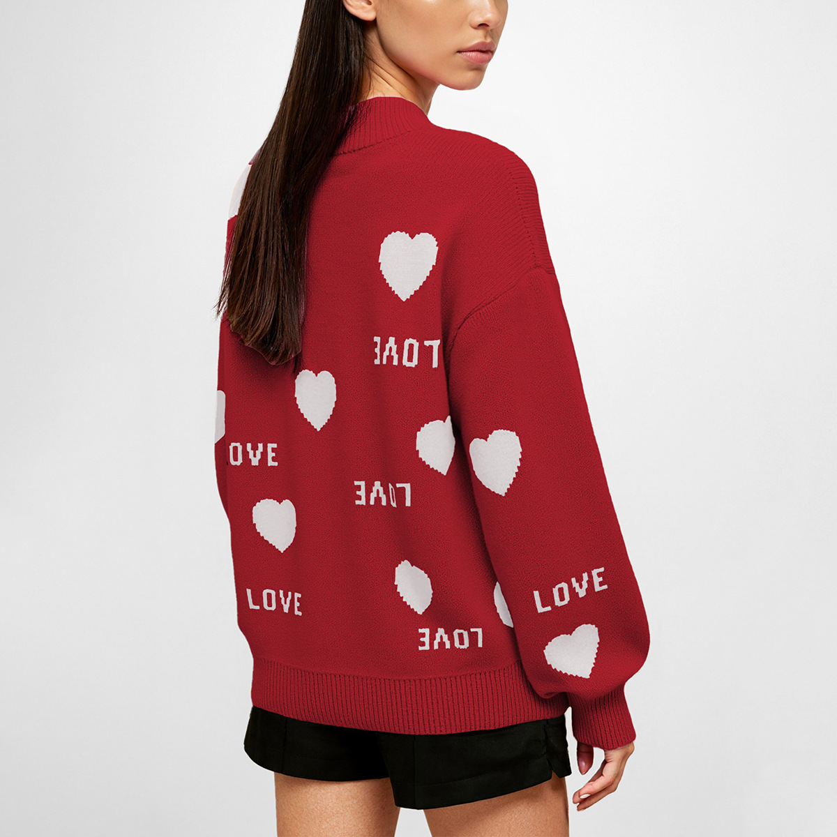 Heart Jacquard Pullover Sweater Crew Neck Loose Fit