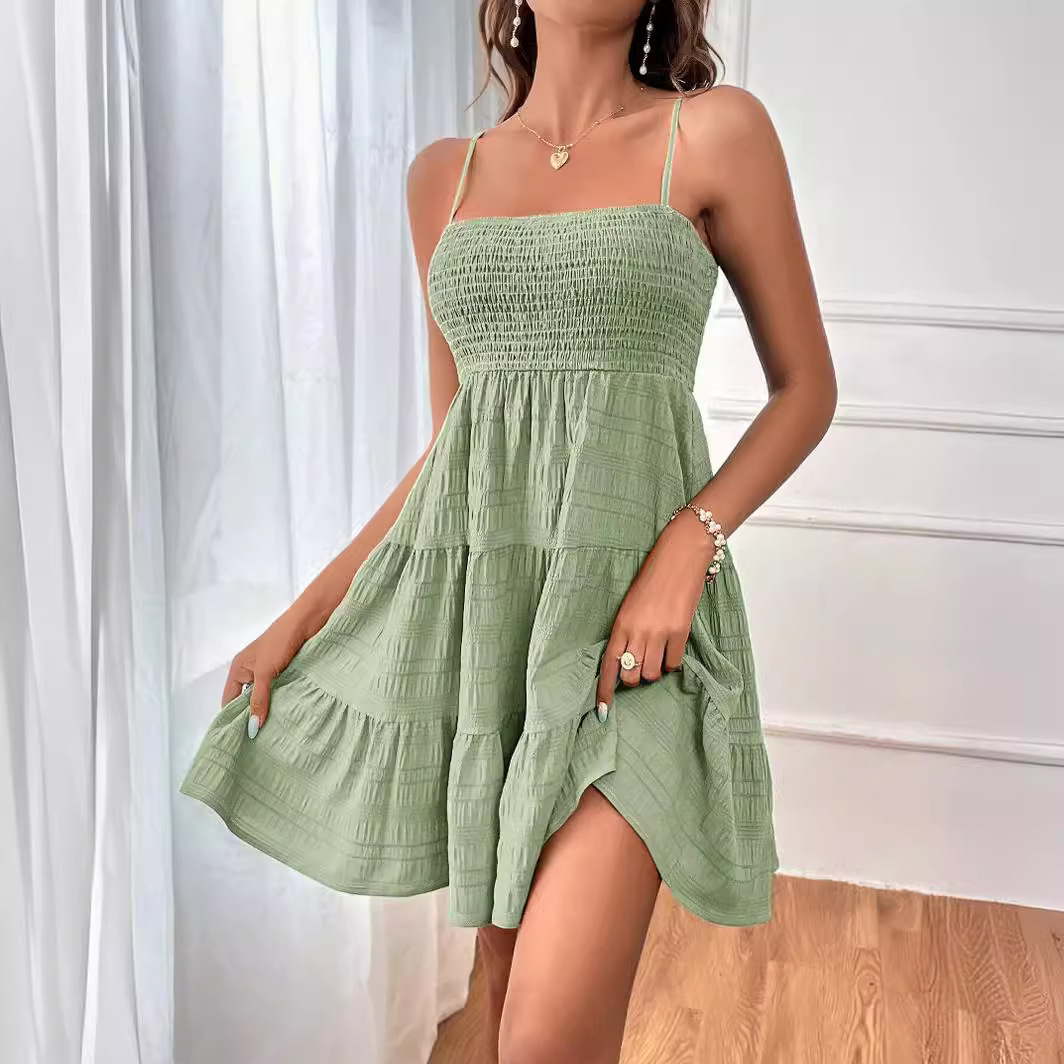 Women's Off-Shoulder Spaghetti Strap Textured Dress Solid Color