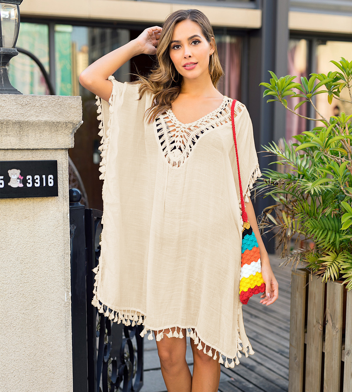 Women's Crochet Fringe Open-Back Beach Cover-Up Dress