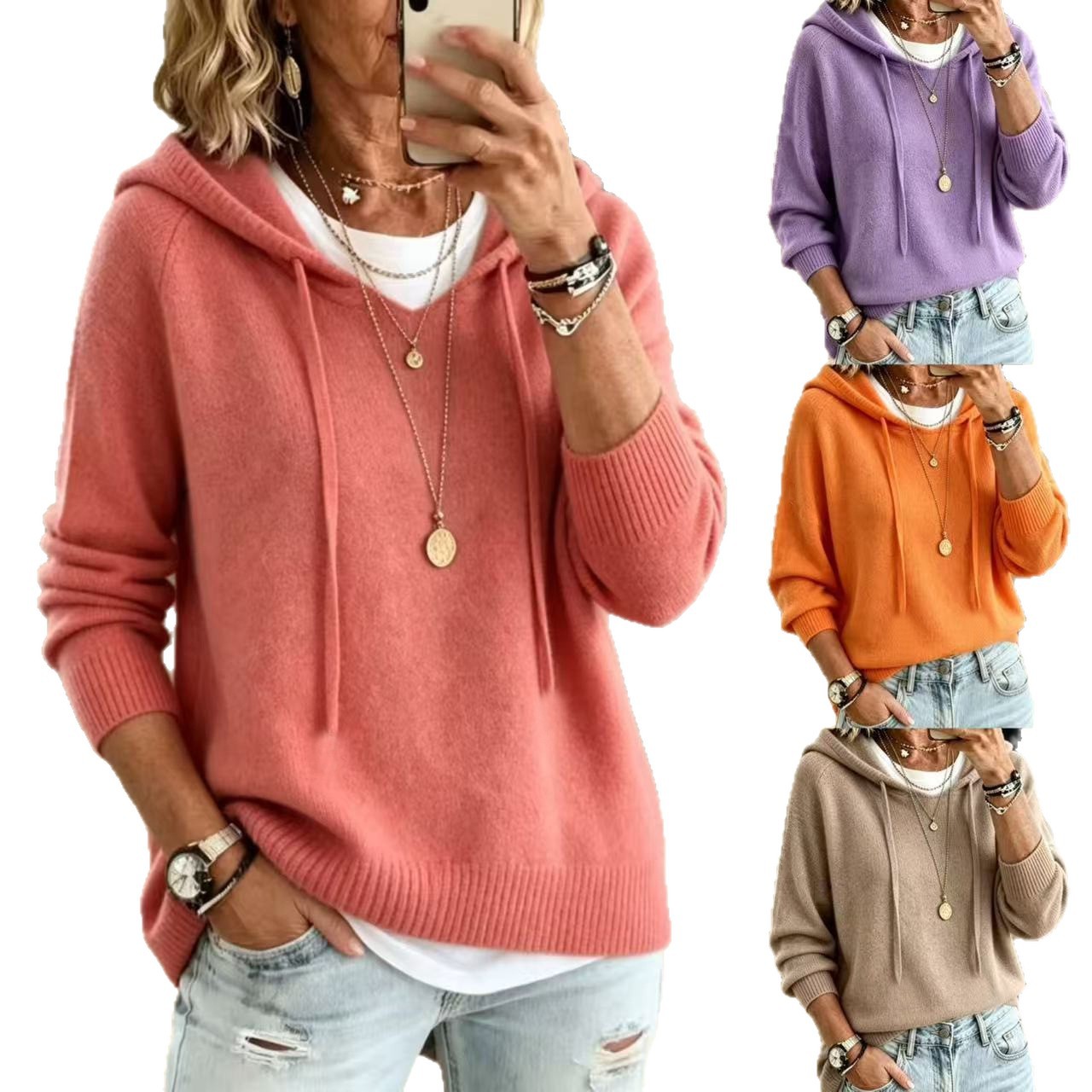 Women's Knit Hooded Drawstring Sweatshirt Loose Fit Pullover