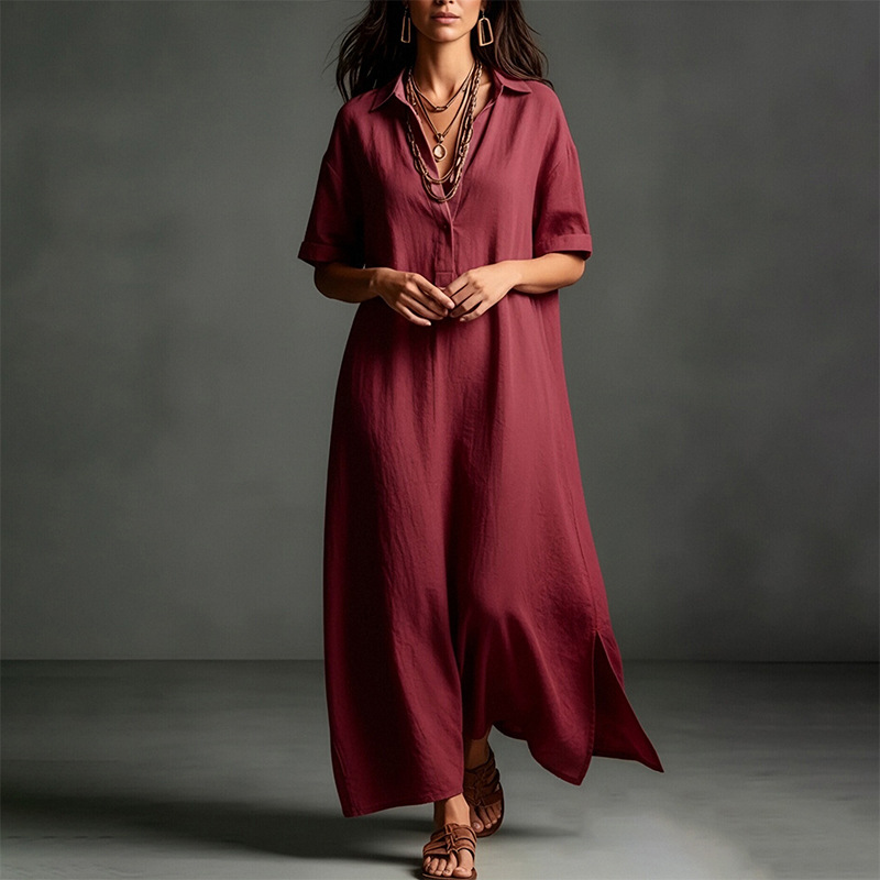 Women's Summer Collared Solid Color A-Line Midi Dress