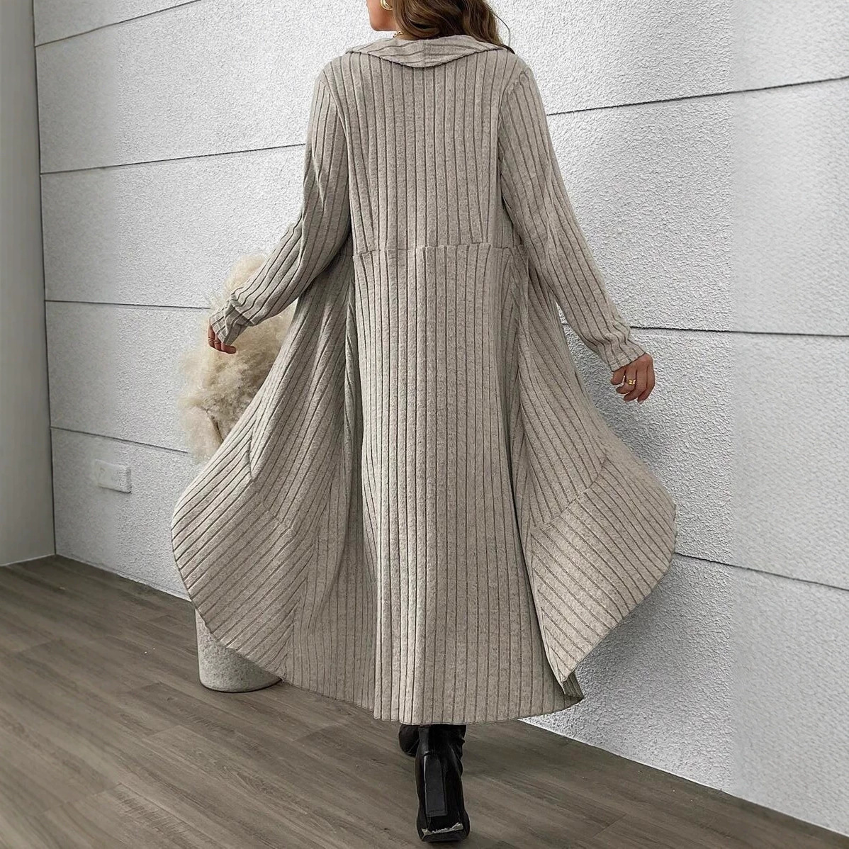 Pleated Long Sleeve Cardigan Trench Coat & Knit Dress Two-Piece Set
