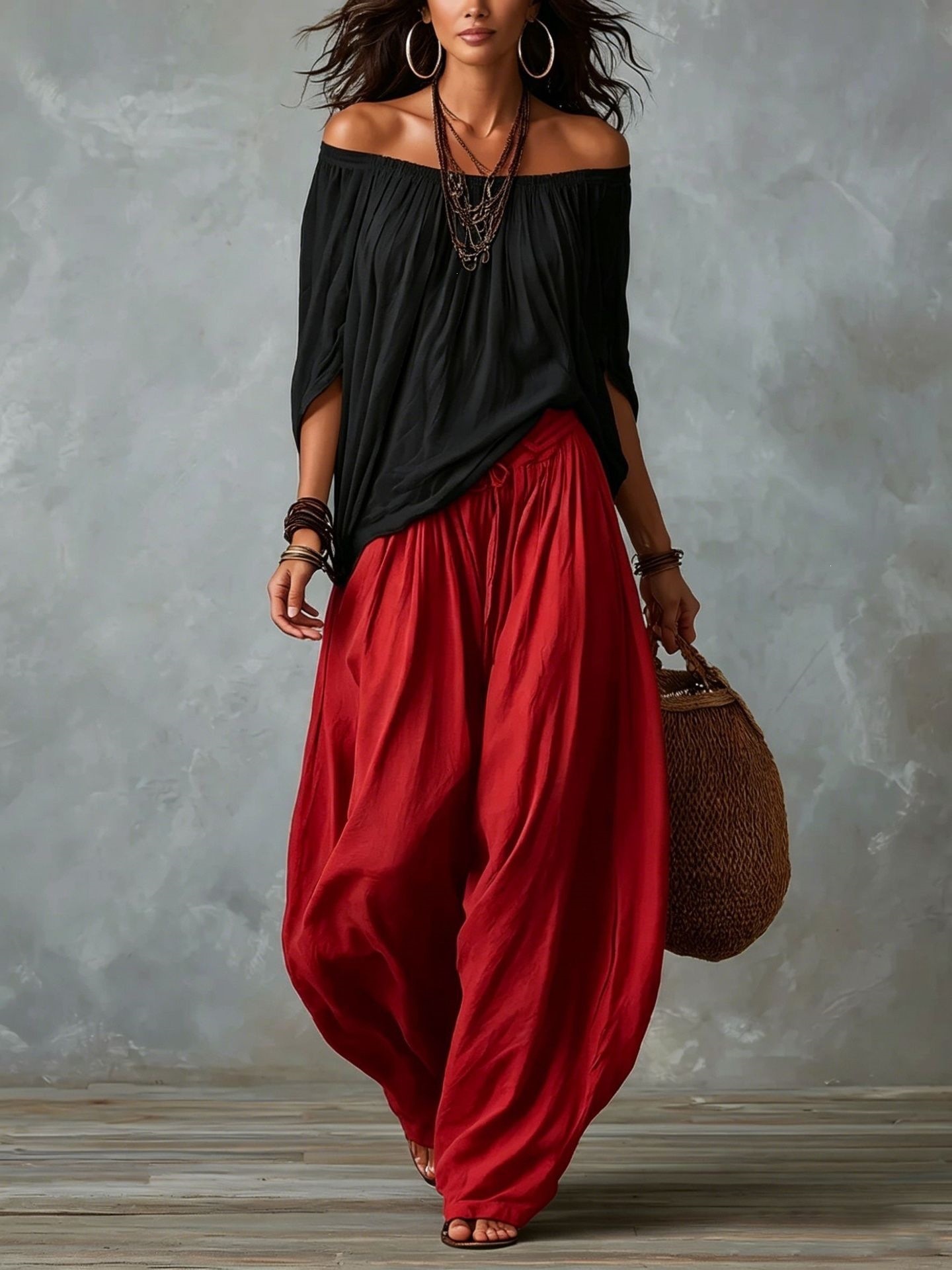 Women's Long Loose Off-Shoulder Top and Lantern Pants Set