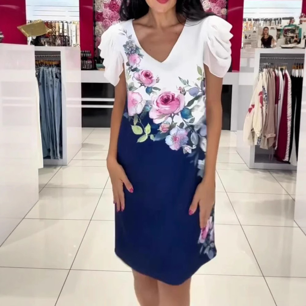 V-Neck Floral Print Midi Dress with Ruffle Sleeves