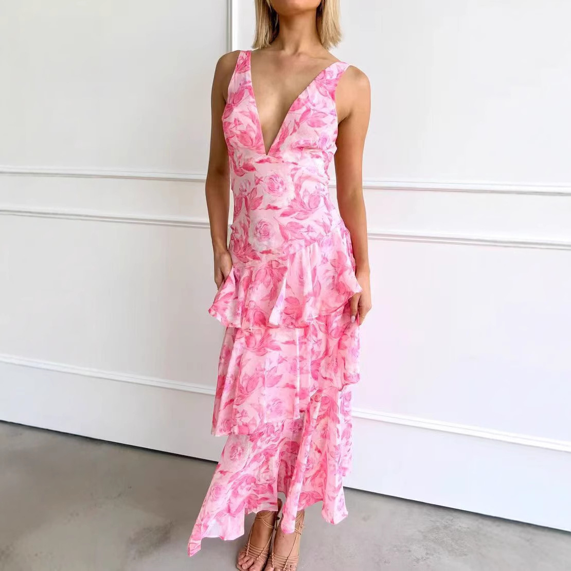 Women's Halter V-Neck Chiffon Dress Slim Fit Ruffle Asymmetrical Hem