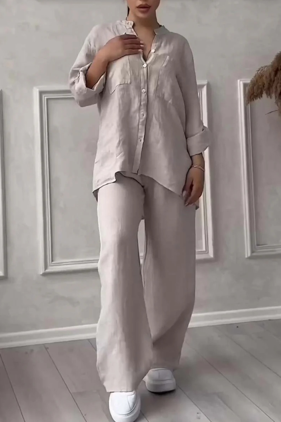 Women's Solid Color Single-Breasted Long-Sleeve Shirt and Wide-Leg Tie Pants Two-Piece Set