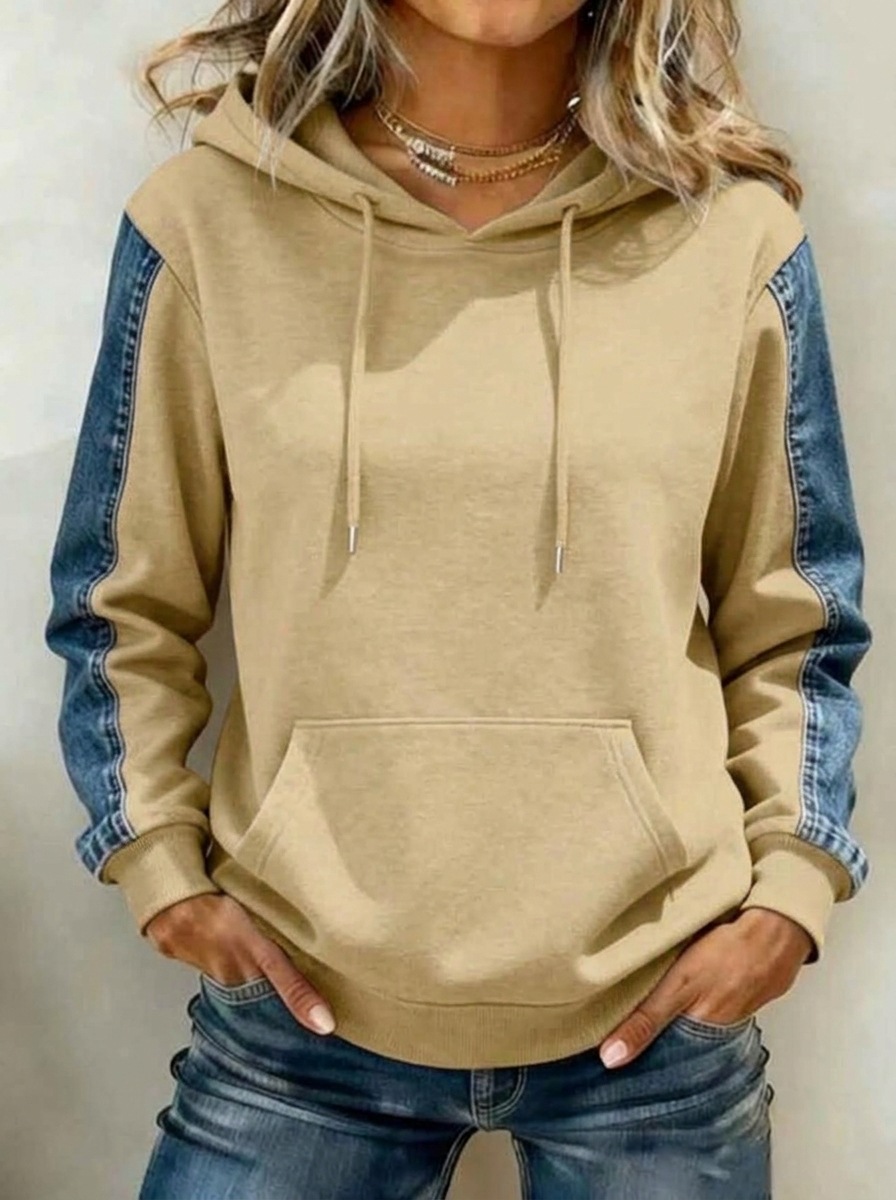 Women's Denim Print Patchwork Hooded Drawstring Sweatshirt
