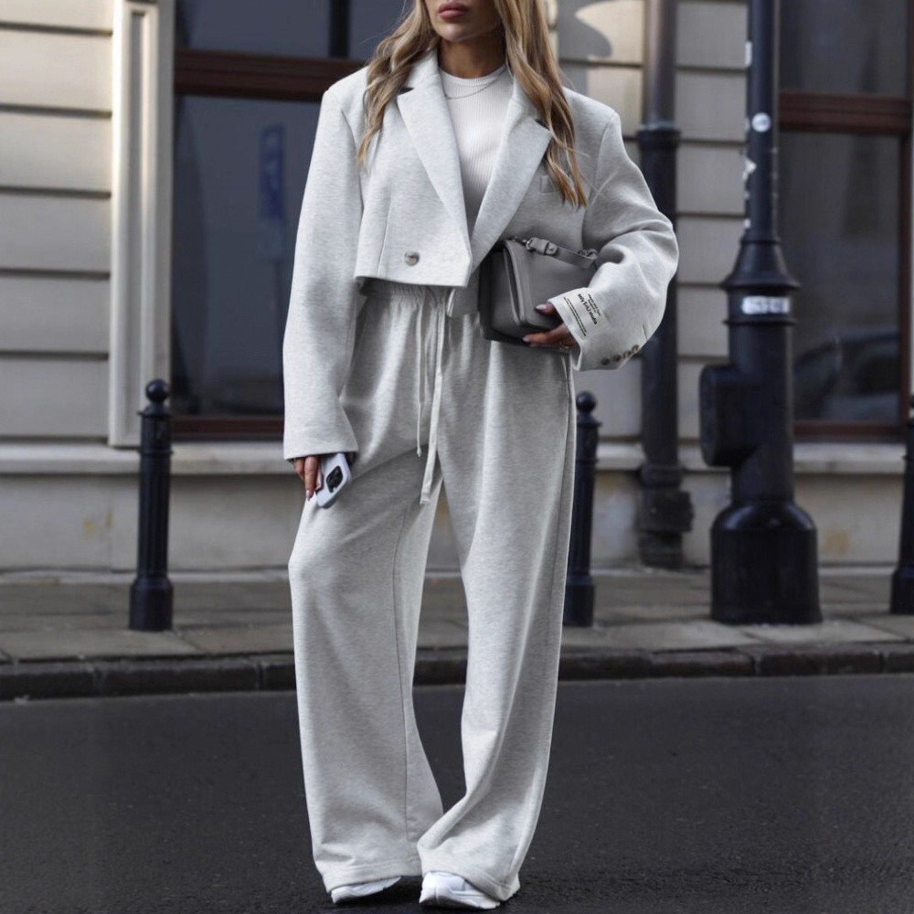 Women's Two-Piece Blazer and Pants Set with Lapel Collar