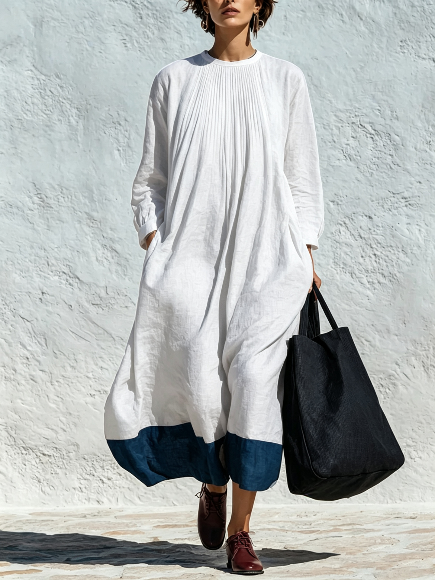 Women's Crewneck Pleated Colorblock Linen Blend Loose Long Sleeve Dress