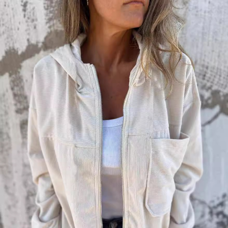 Women's Solid Corduroy Hooded Jacket Casual Loose Fit