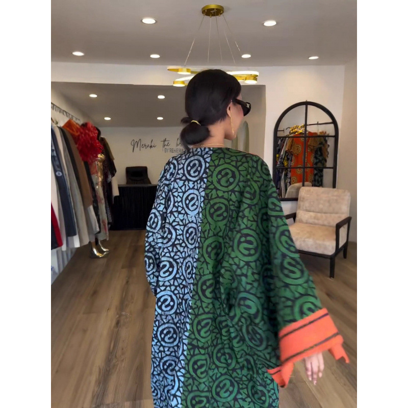 Women's V-Neck Digital Print Colorblock Long Sleeve Long Dress