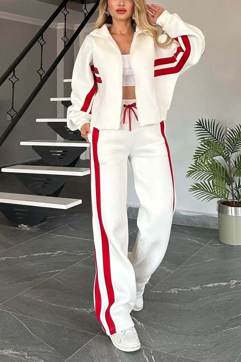 Y2K Striped Zip-Up Hoodie and Pants Set Women's Casual Tracksuit