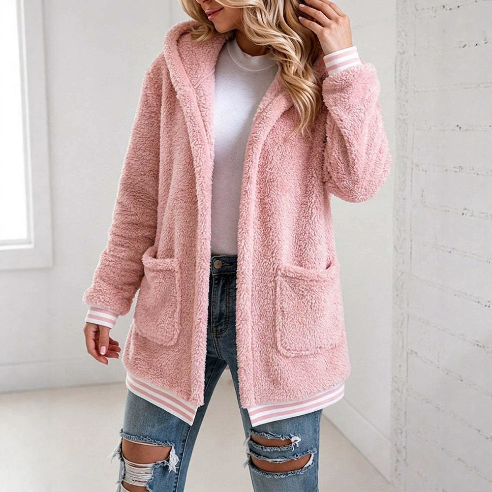 Women's Sherpa Fleece Hooded Jacket Striped Trim