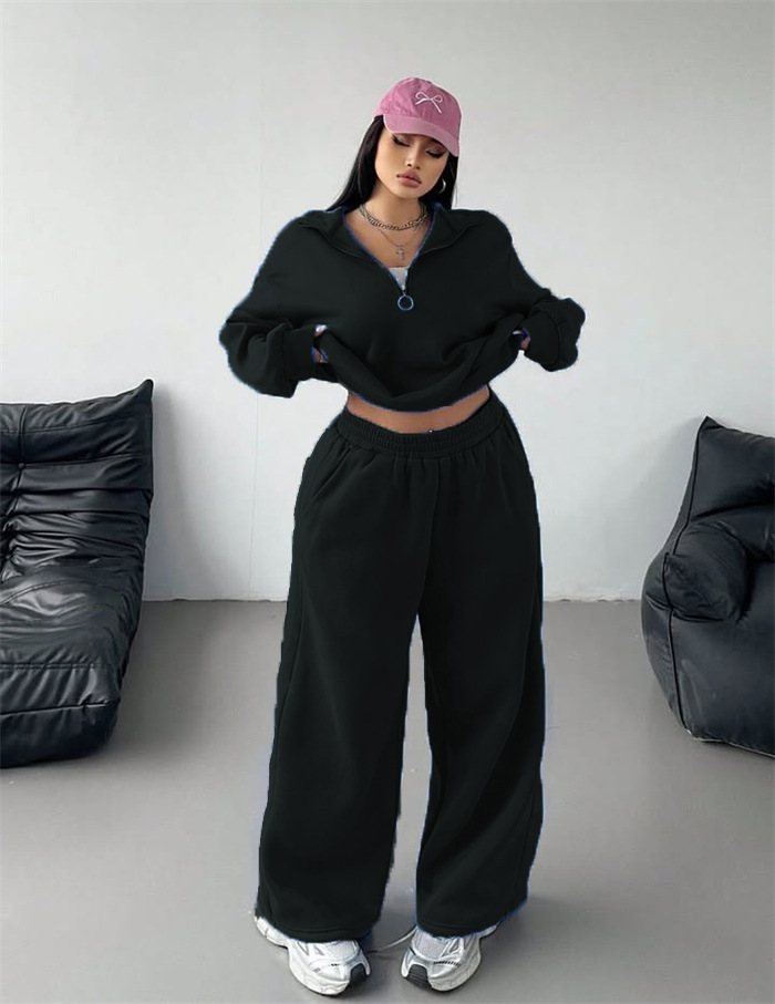 Women's Half-Button Pullover Hoodie and Pants Two-Piece Set