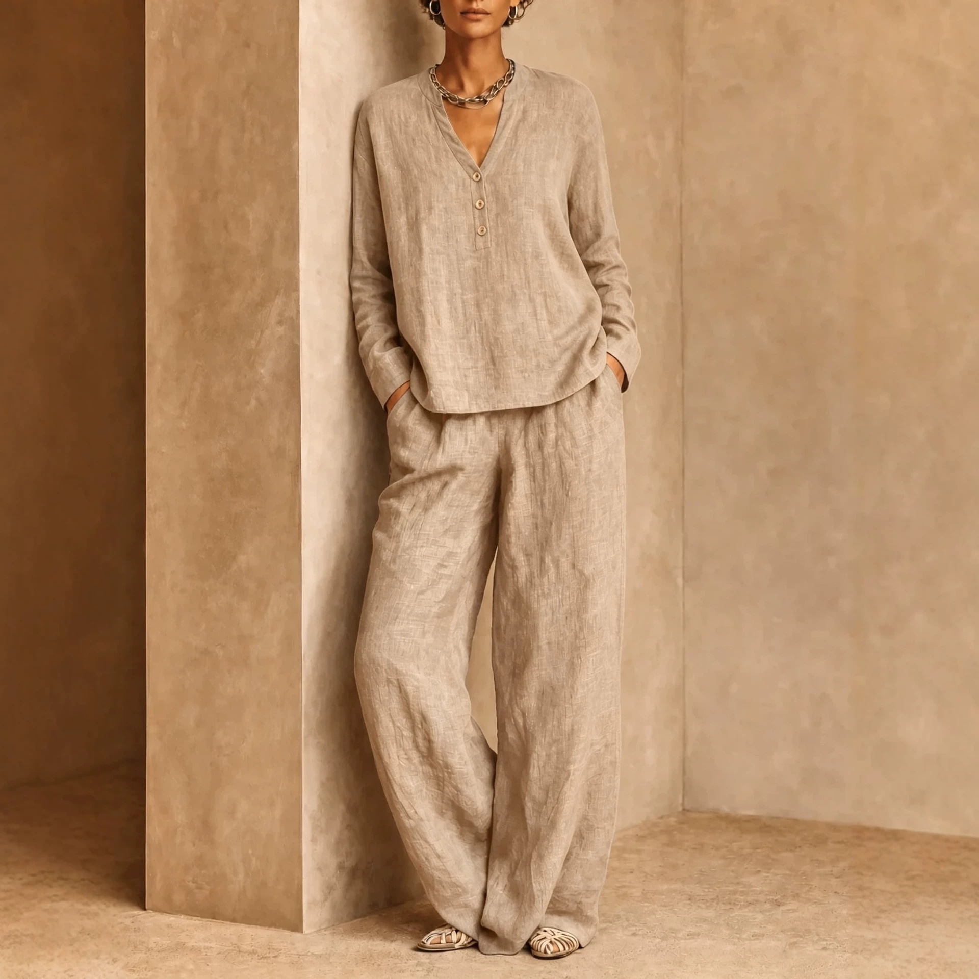 Women's V-Neck Button Solid Long Sleeve Top & Wide-Leg Pants 2-Piece Set