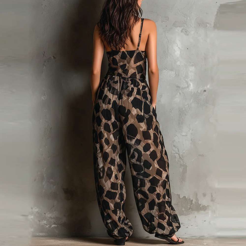 Deep V Leopard Print Twist Cami Jumpsuit Wide-Leg