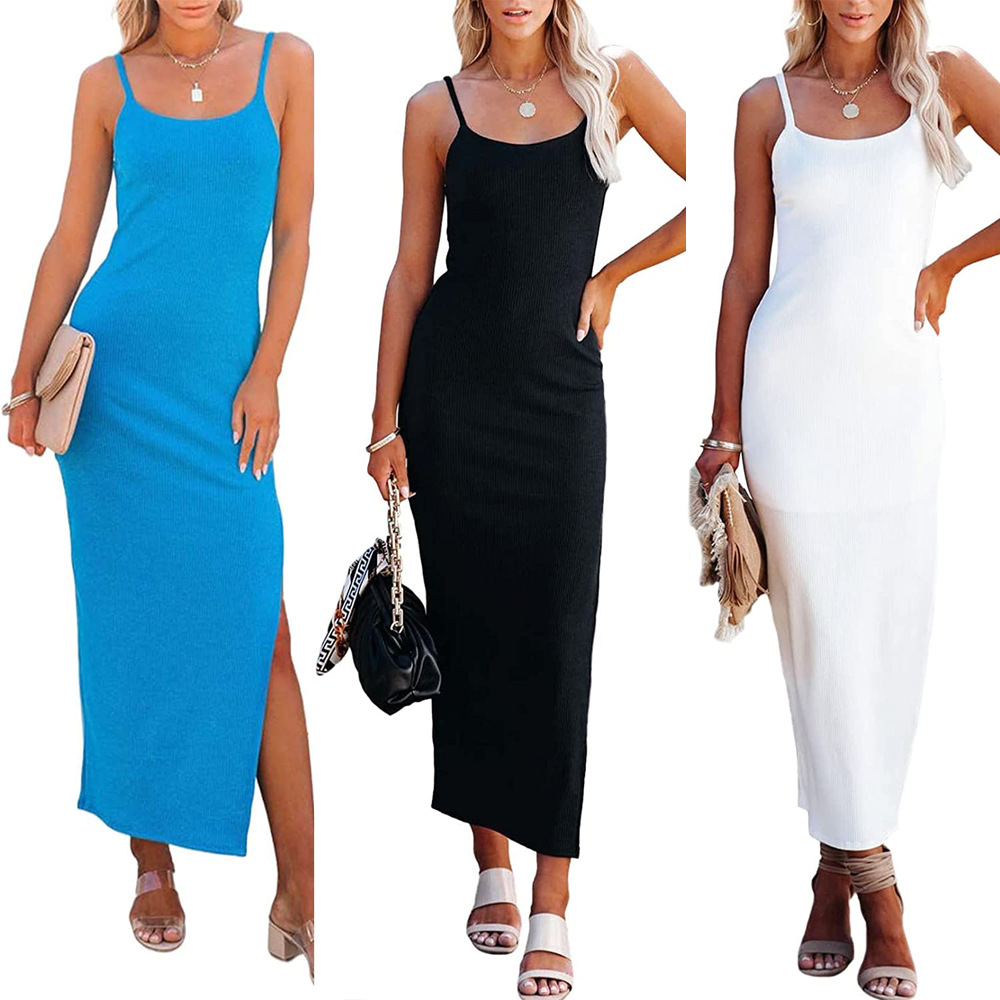 Women's Sleeveless Split Long Cami Dress Solid Color High Waist