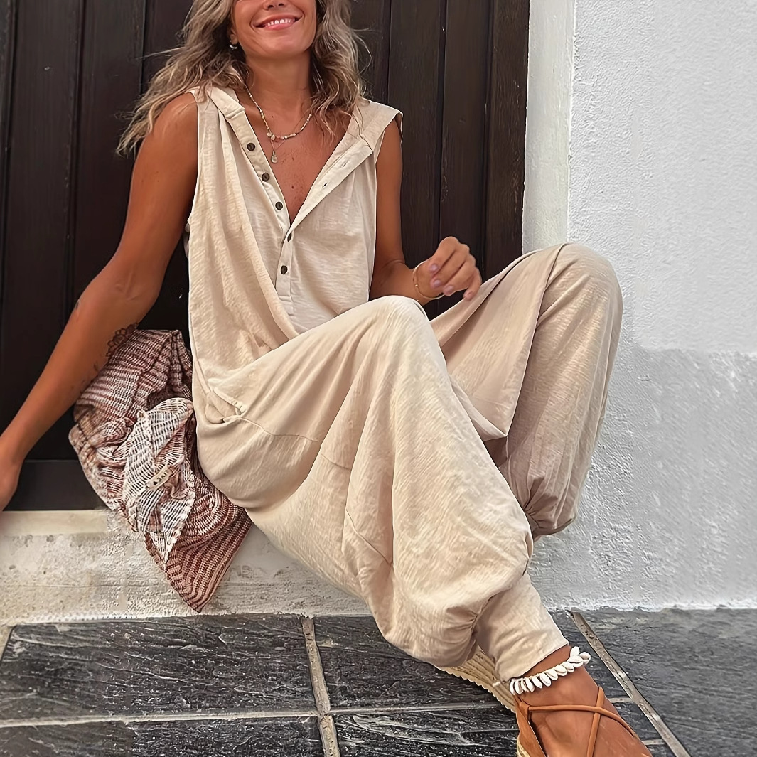 Button Hooded Sleeveless Wide-Leg Jumpsuit