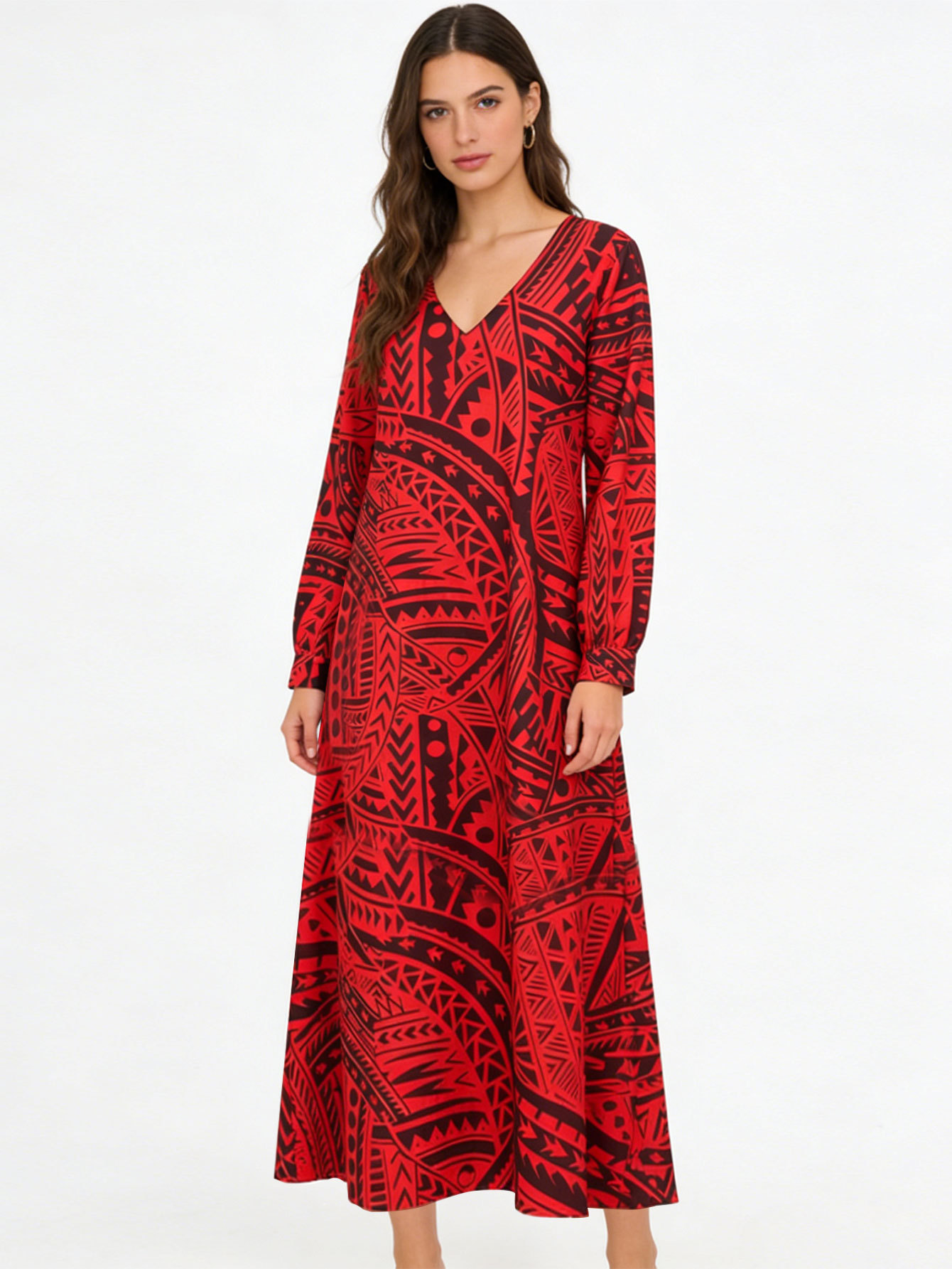 Women's Long Sleeve V-Neck Loose Bohemian Floral Print Maxi Dress
