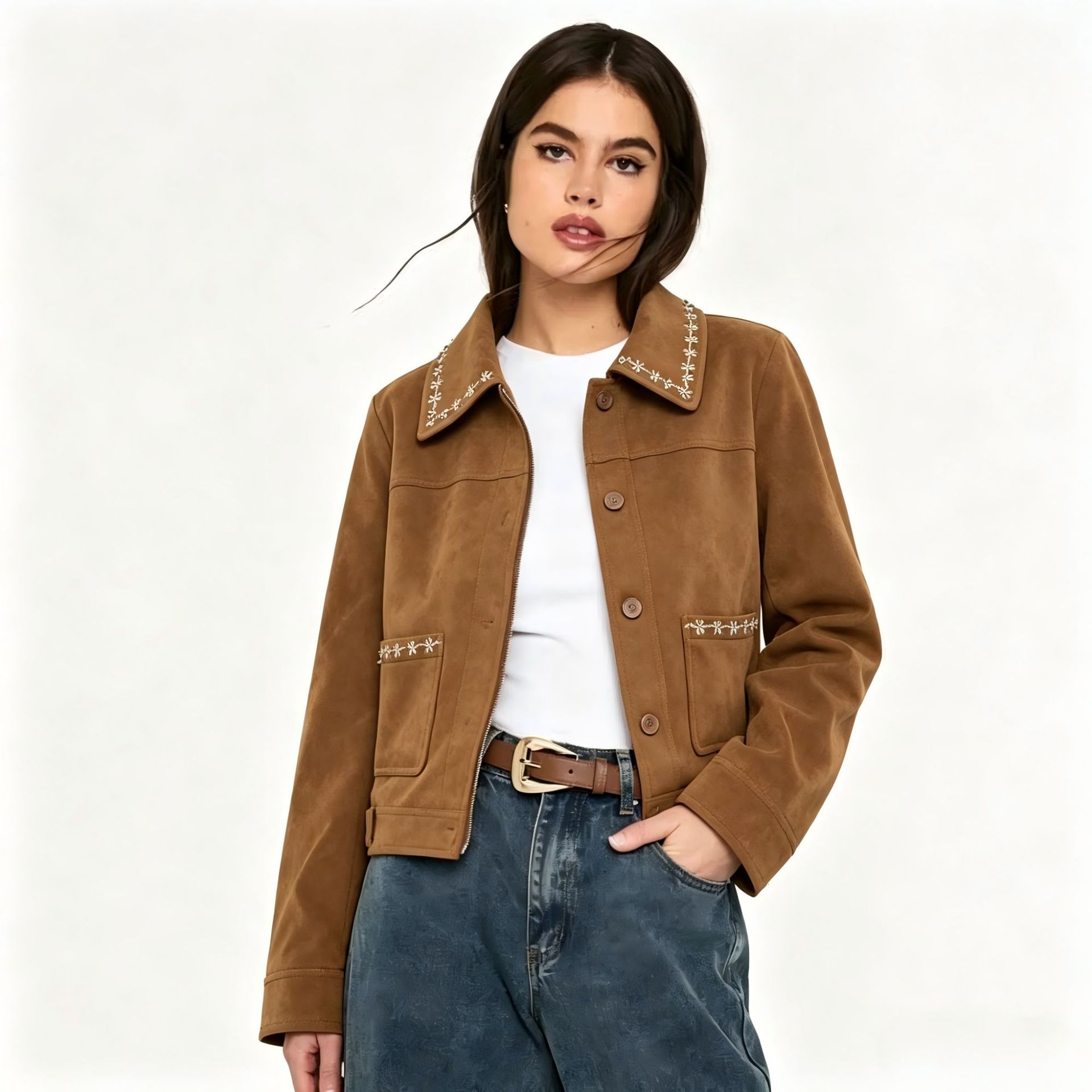 Western Embroidered Faux Suede Cropped Jacket for Women