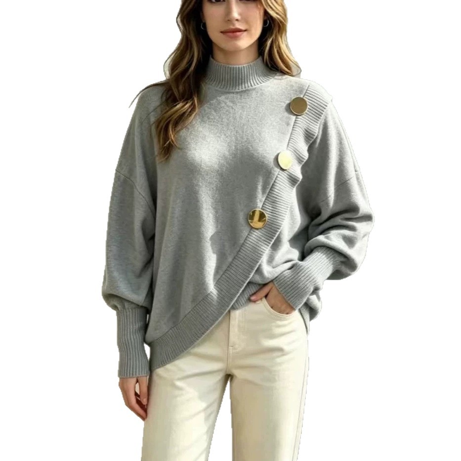 Elegant Button-Trim Crewneck Top for Women