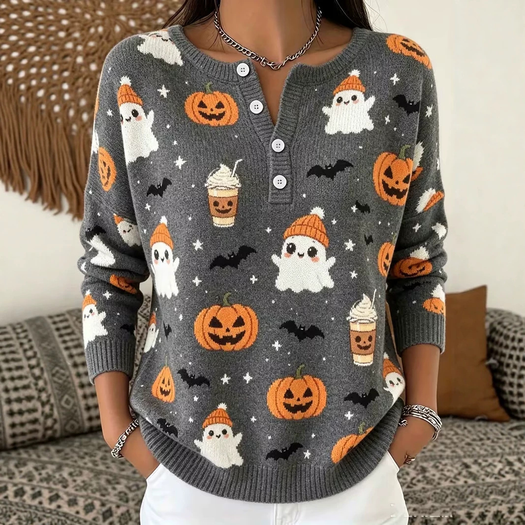 Women's Halloween Pumpkin Ghost Print Button Sweatshirt
