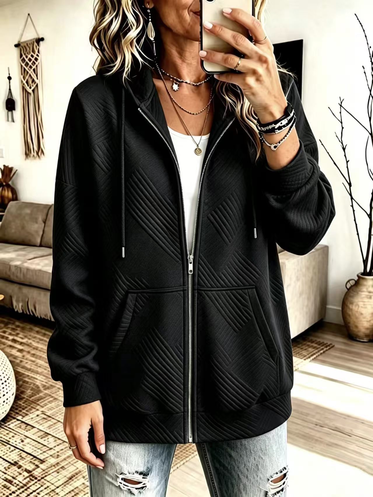 Plus Size Solid Color Hooded Zip-Up Loose Fit Women's Sweatshirt