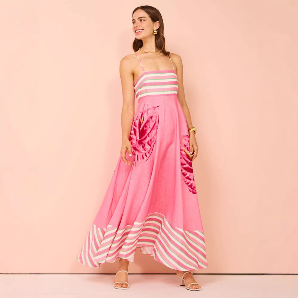 Women's High-Waist Printed Cami Dress with Flared Skirt