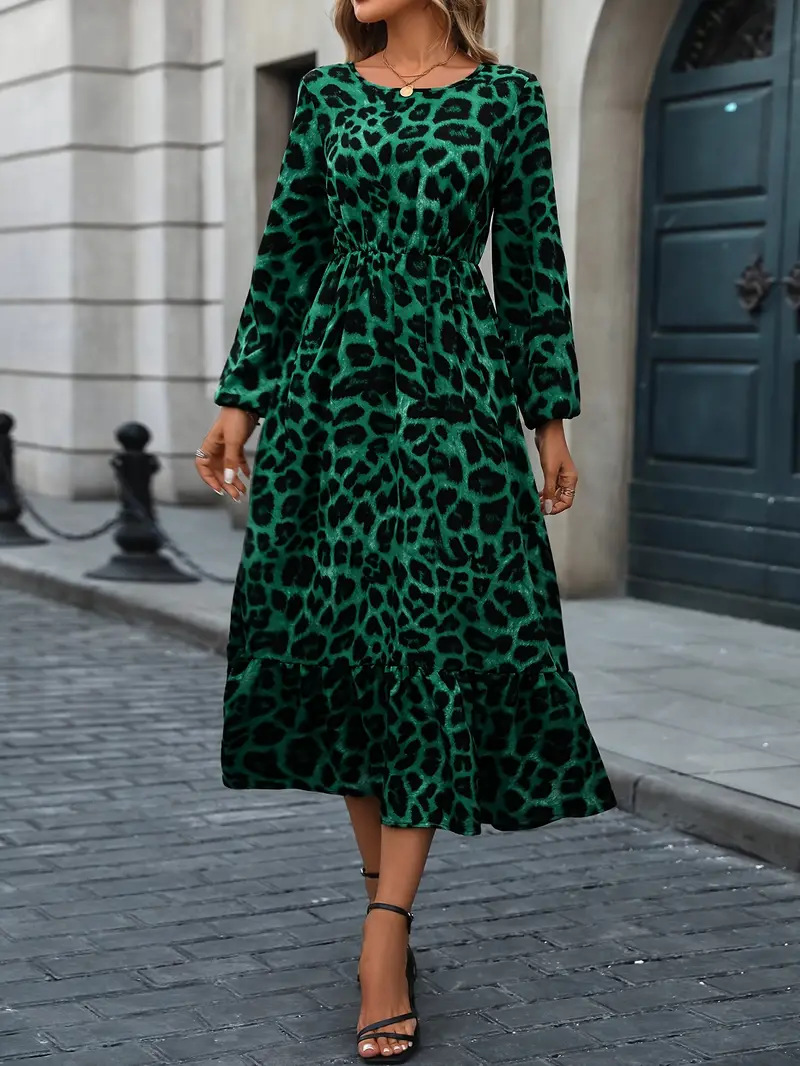 Elegant Leopard Print Lantern Sleeve Ruffle A-Line Midi Dress