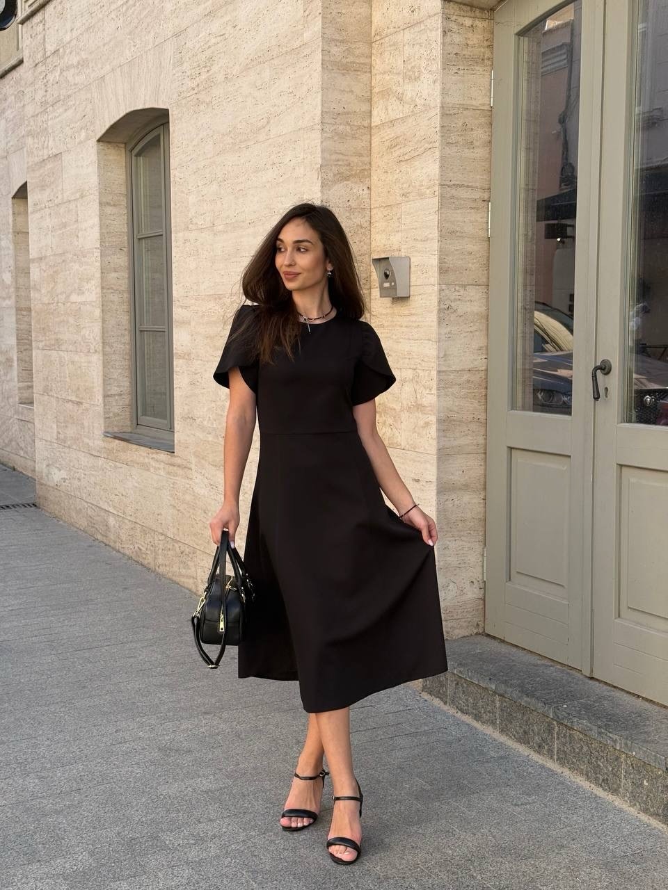Solid Color A-Line Dress with Waist-Cinching Design