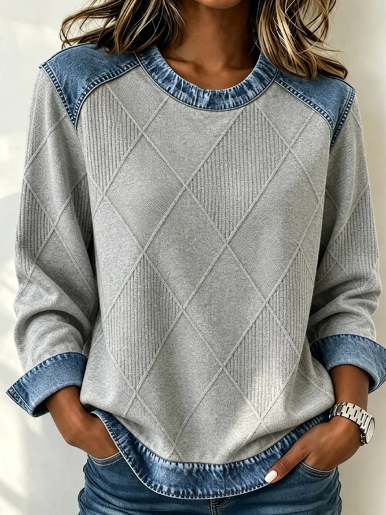 Women's Plaid Line Diamond Print Casual Sweatshirt