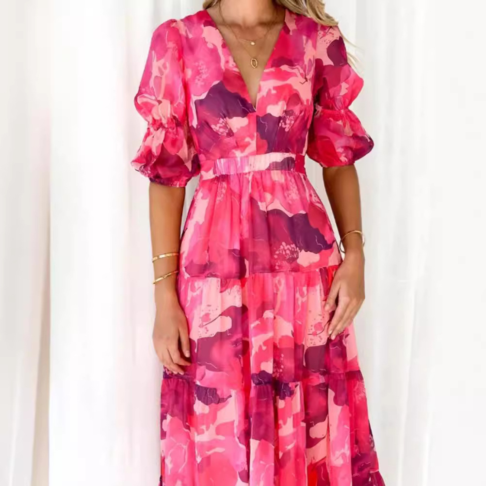 Floral Print V-Neck Bubble Sleeve Cinched-Waist Maxi Dress