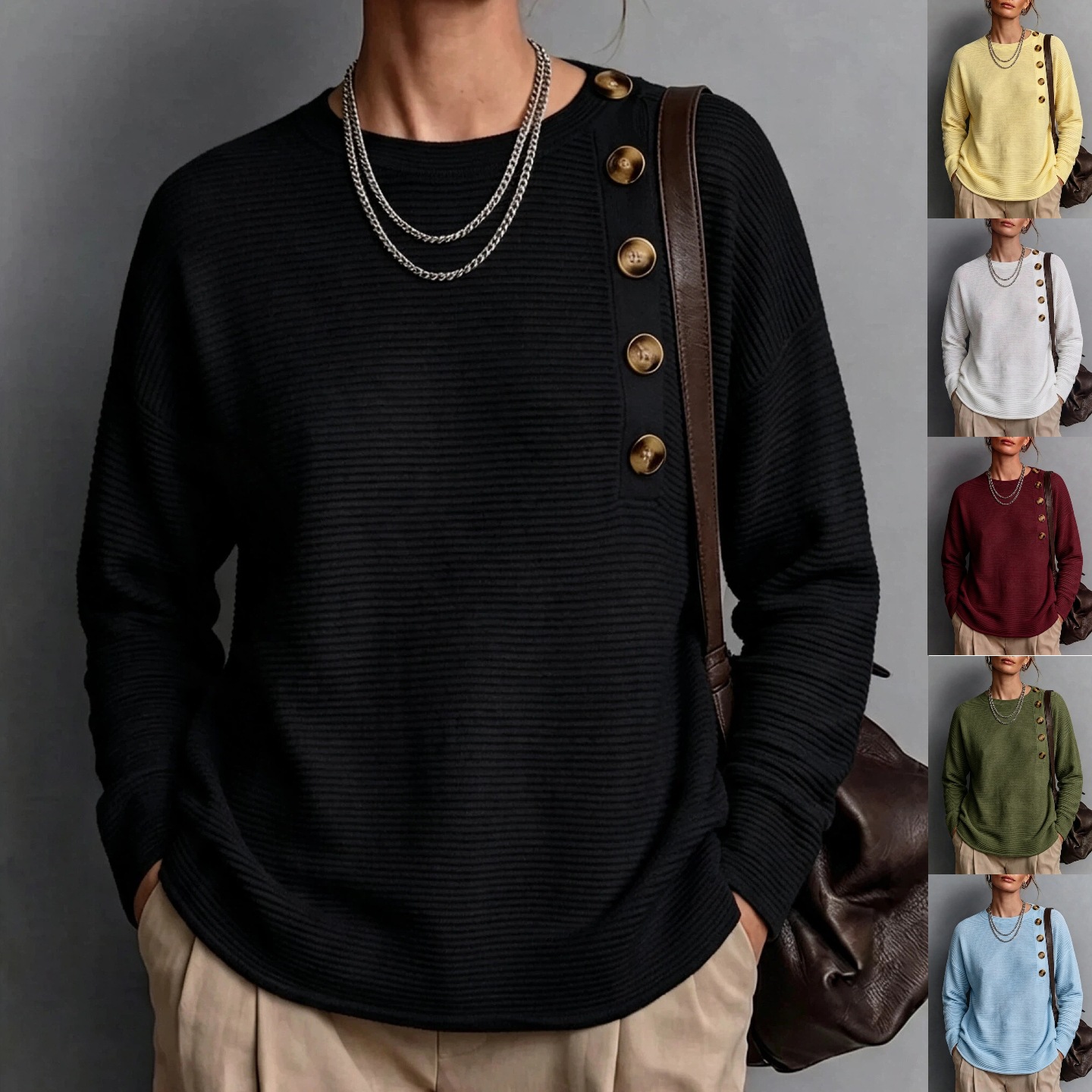 Women's Solid Button Knit Shirt Long Sleeve Crew Neck Loose Fit