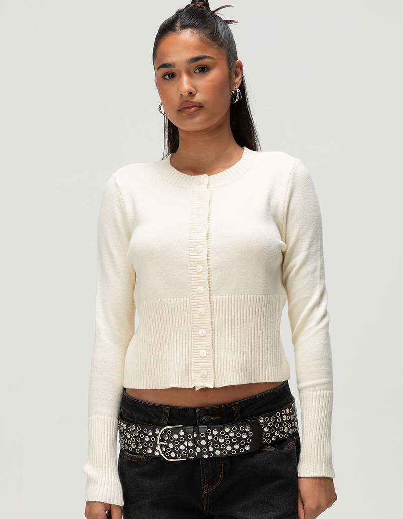 Women's American Retro Solid Crewneck Button-Up Cropped Knit Cardigan Low-Rise Anti-Slip Long Sleeve Top