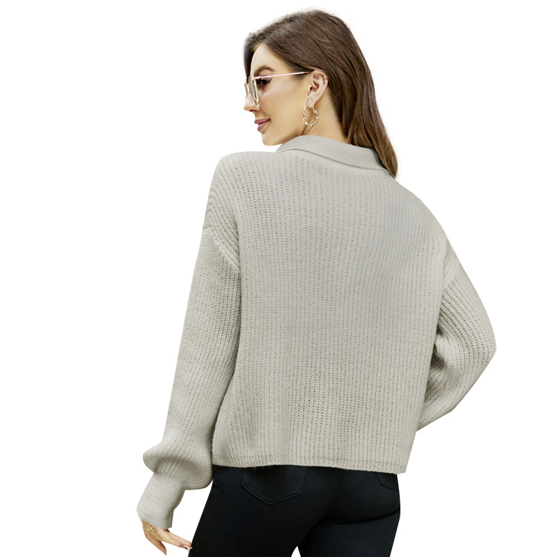 Women's Polo Collar Knit Sweater Casual Loose Pullover