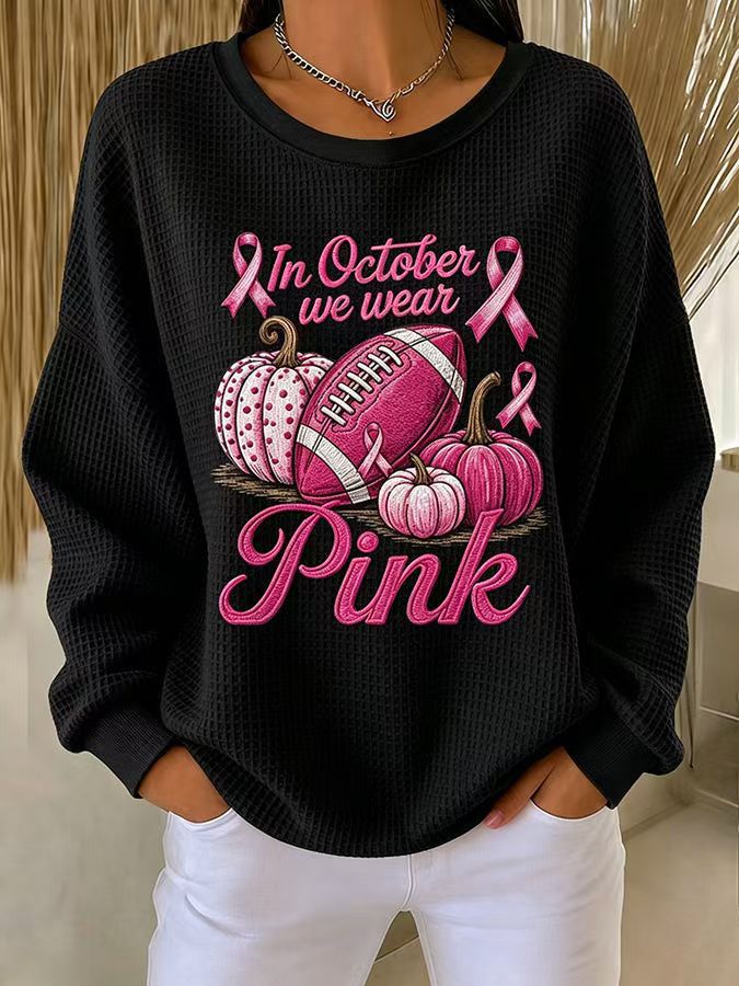 Ribbon Letter Print Crewneck Long Sleeve Waffle Sweatshirt for Women