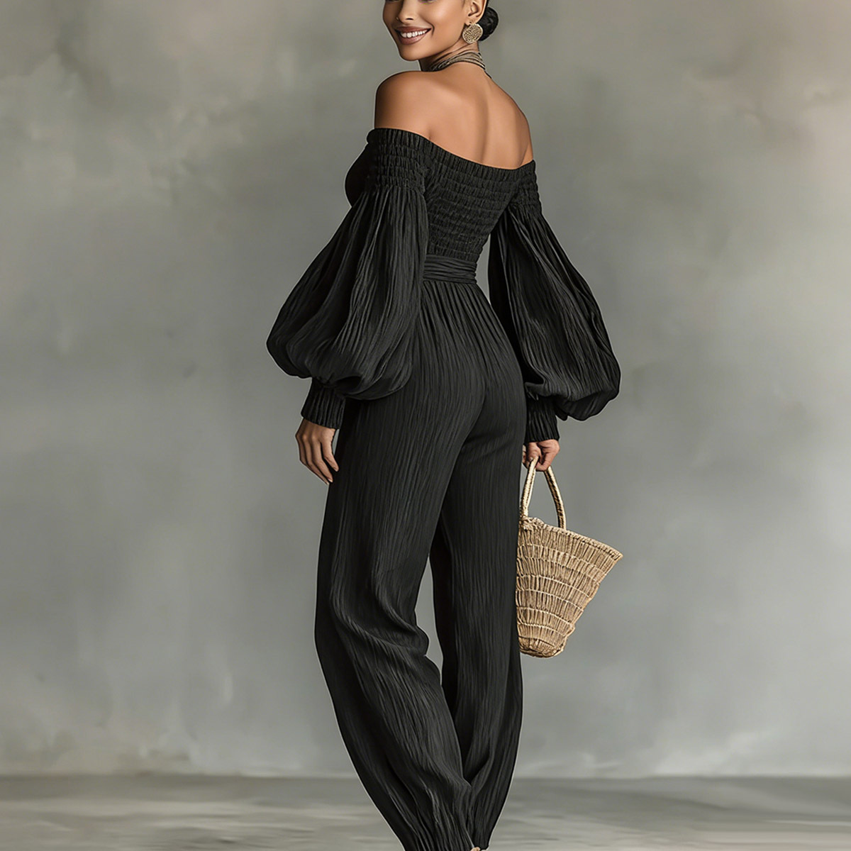 Women's Off-Shoulder Lantern Sleeve Ruched Loose Jumpsuit