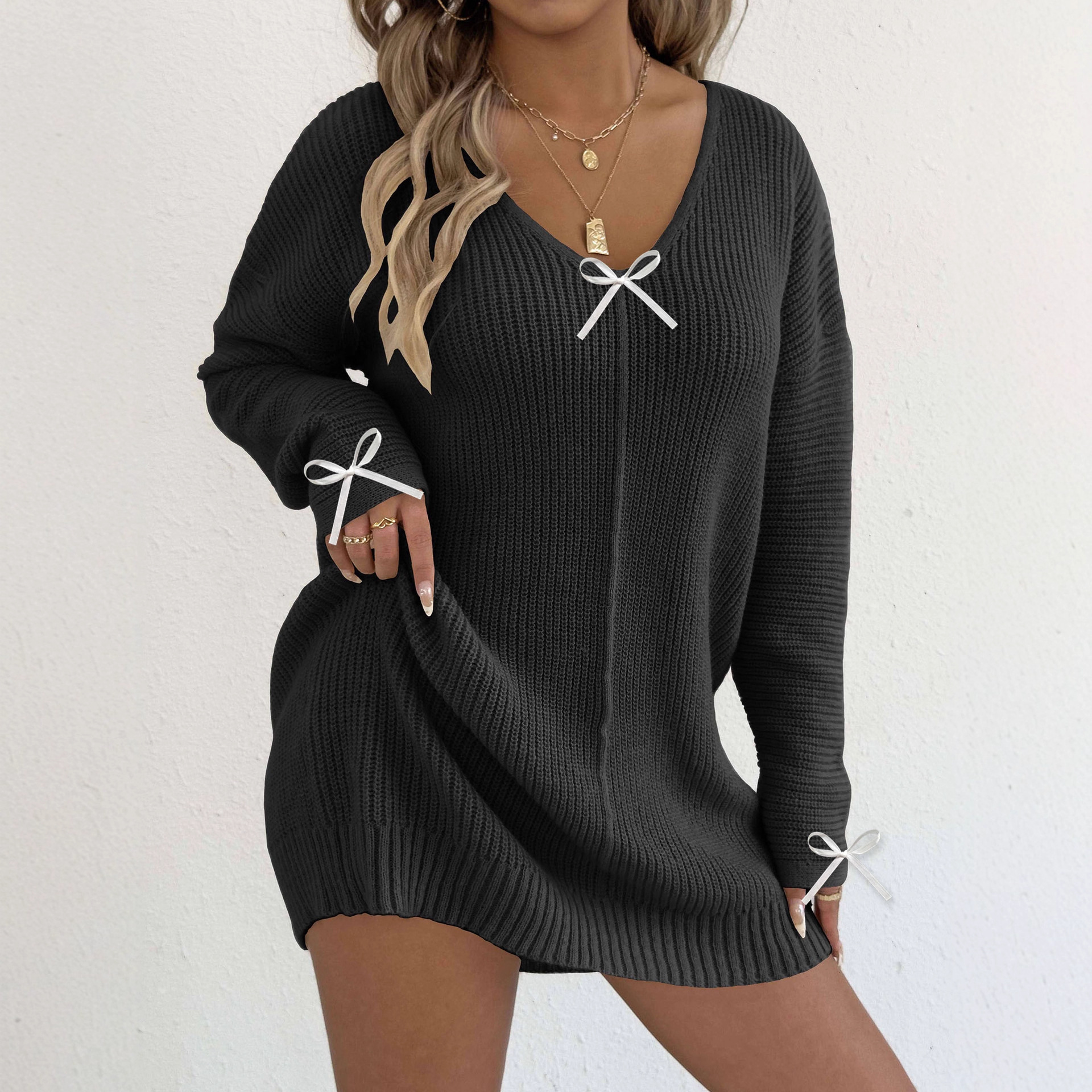 Women's Deep V Ribbon Bow Knit Sweater Dress