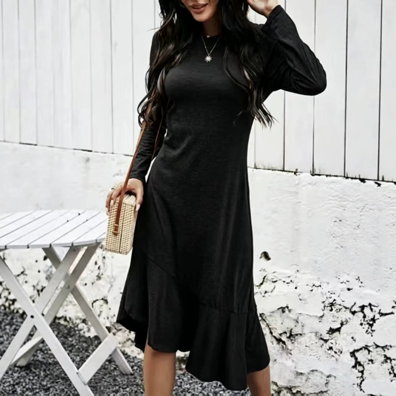 Women's Long Sleeve Round Neck Casual Split Spliced Asymmetrical Dress