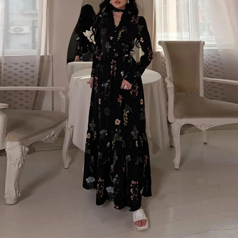 French Floral Spliced V-Neck Tie Midi Dress