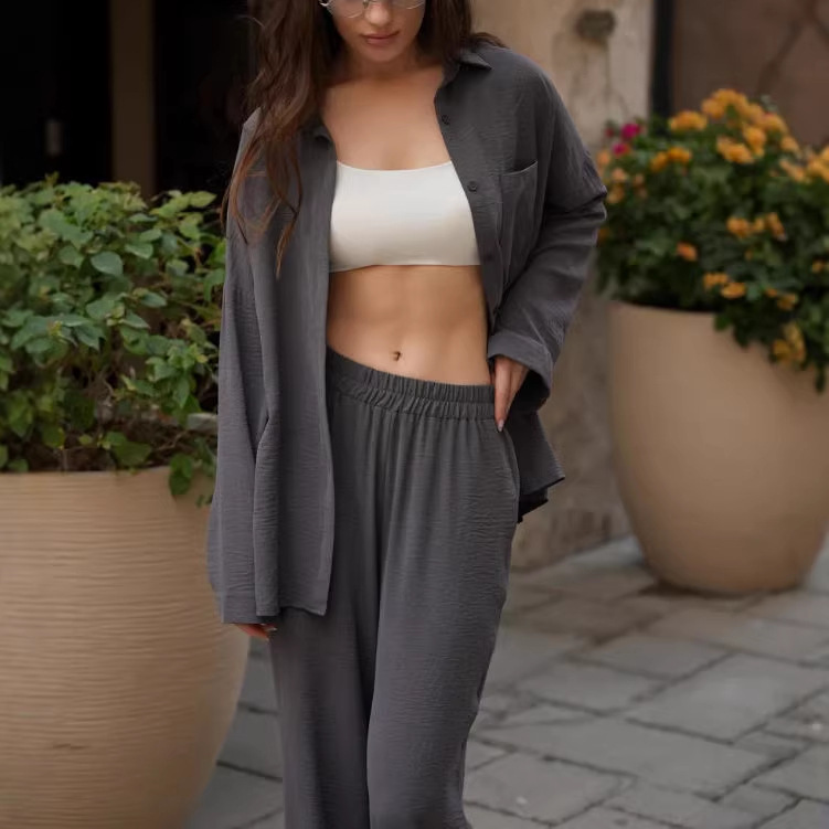 Women's Solid Color Collared Long Sleeve Shirt and High Waist Pants Set