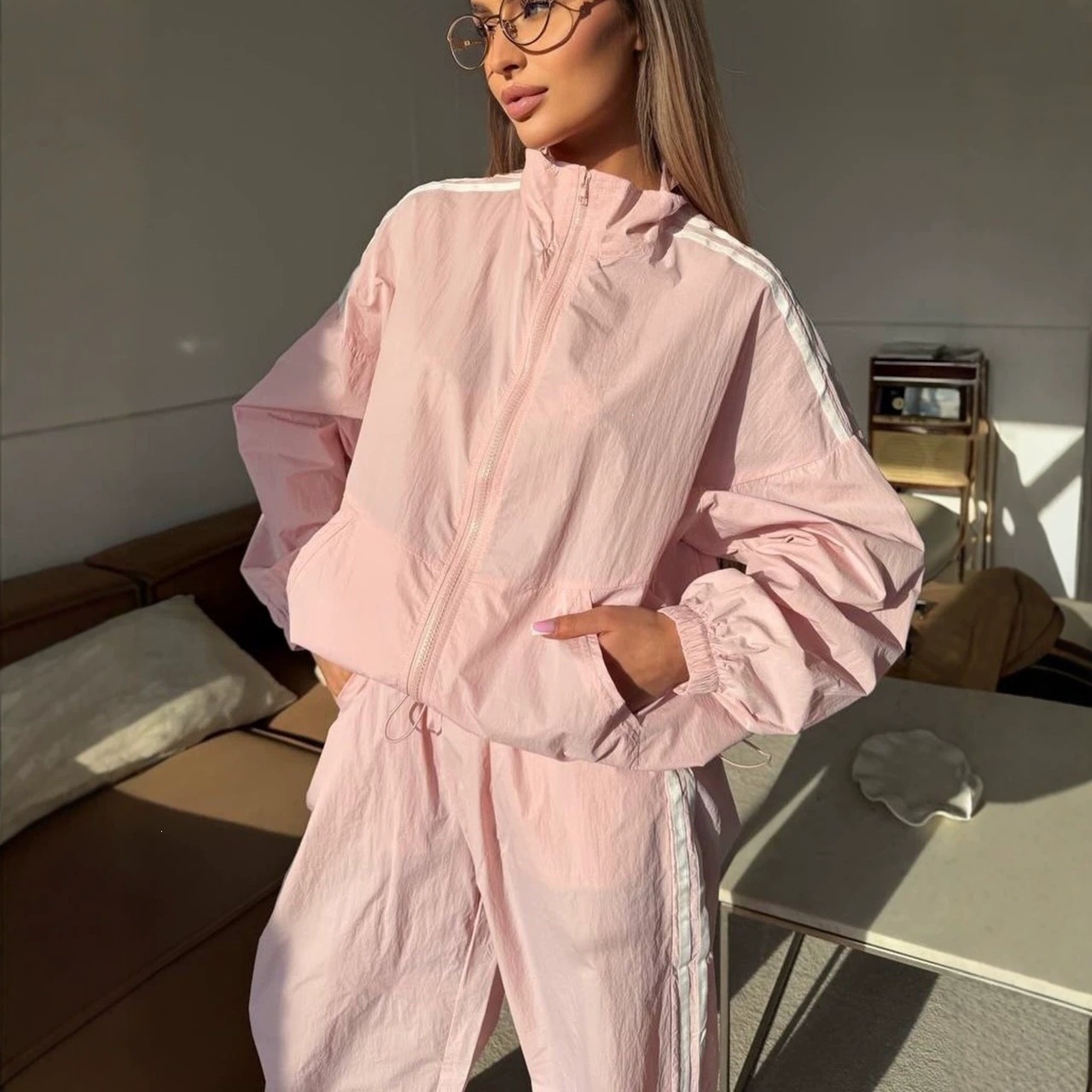 Women's Striped Zip-Up Sun Protection Two-Piece Set with High-Waist Wide-Leg Pants