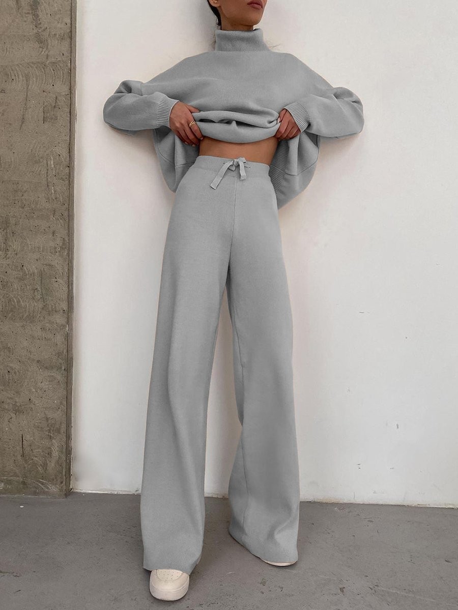 Women's Long Sleeve Wide Leg Pants Set High Neck Loose Casual Two Piece