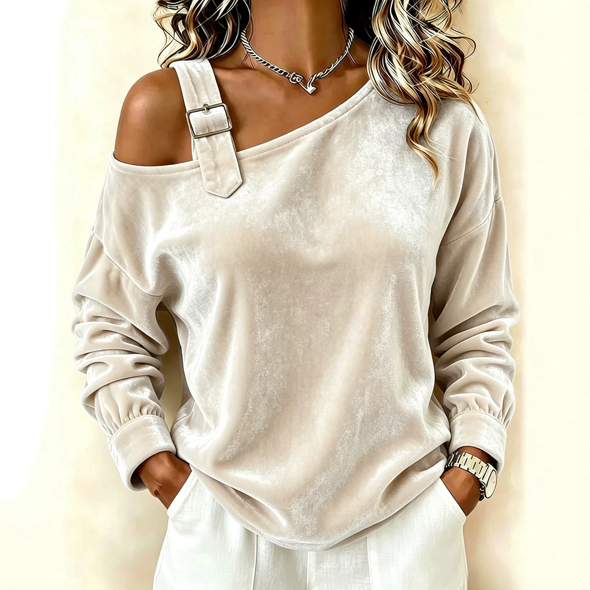 Women's Off-Shoulder Loose Knit Long Sleeve Top