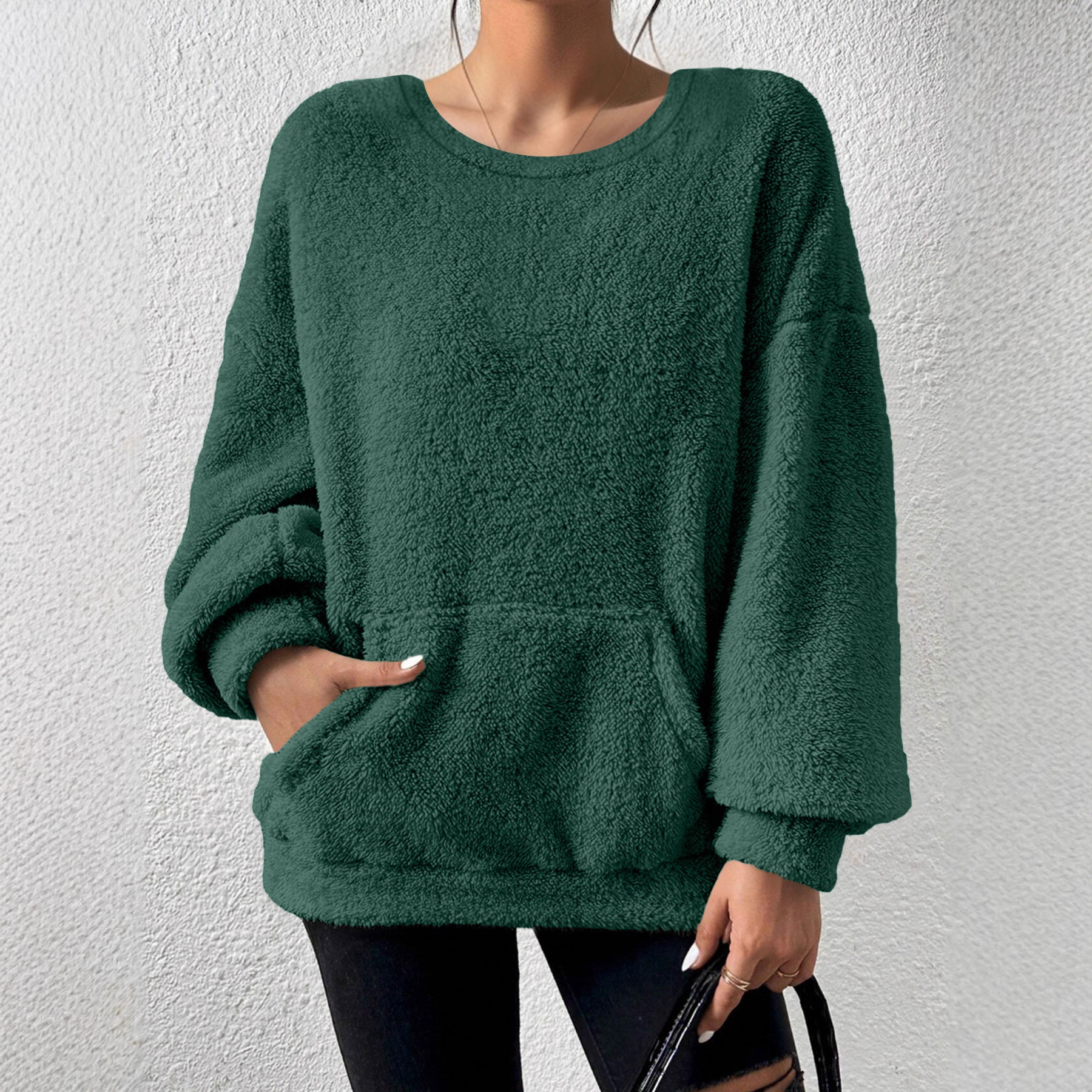 Solid Crewneck Long-Sleeve Pocket Pullover Sweatshirt