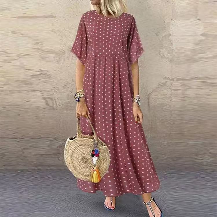 Polka Dot A-Line Midi Dress Plus Size Short Sleeve Round Neck
