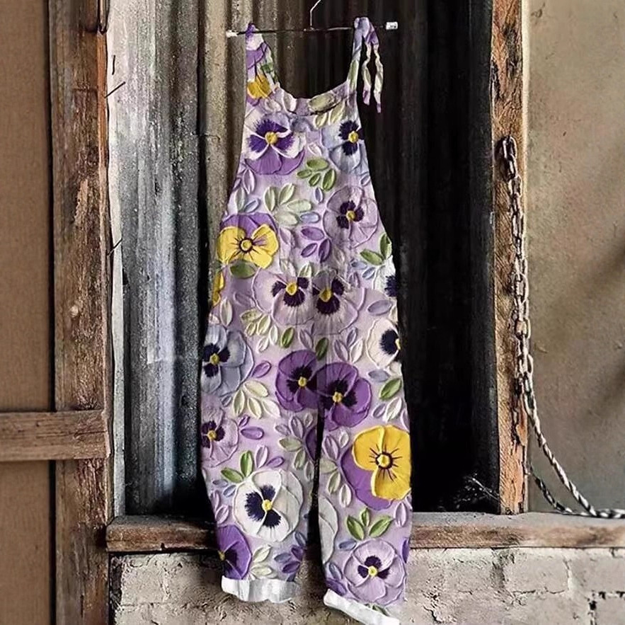 Women's Vintage Floral Print Sleeveless Jumpsuit Casual Tie-Waist