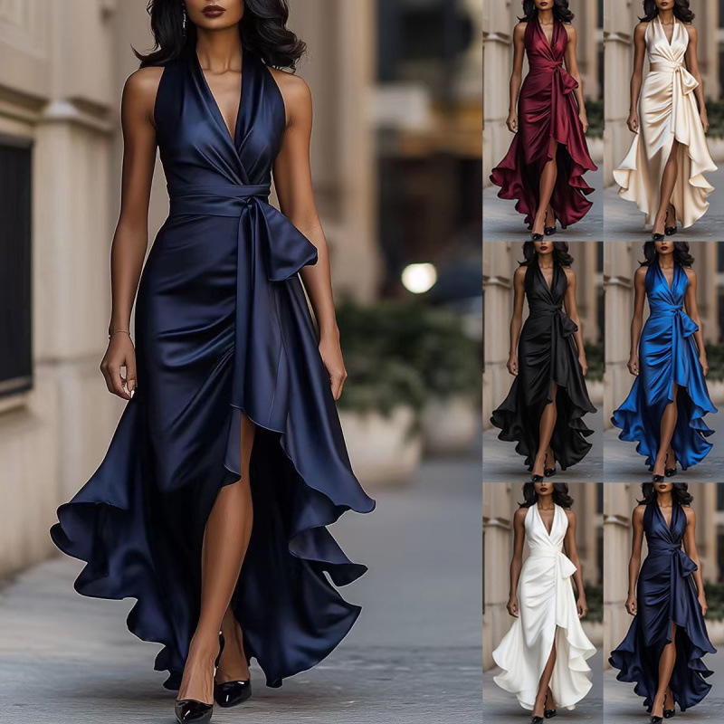 Satin V-Neck Sleeveless Ruched Ruffle Dress